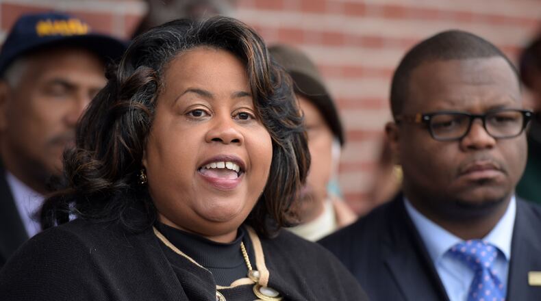 NOVEMBER 9, 2015 SNELLVILLE Phyllis Moreland-Richardson speaks during the press conference. Community activists held a press conference at the Snellville City Hall, Monday, November 9 2015, in support of embattled Snellville City Clerk Phyllis Moreland-Richardson, who was appointed, then fired. KENT D. JOHNSON/KDJOHNSON@AJC.COM