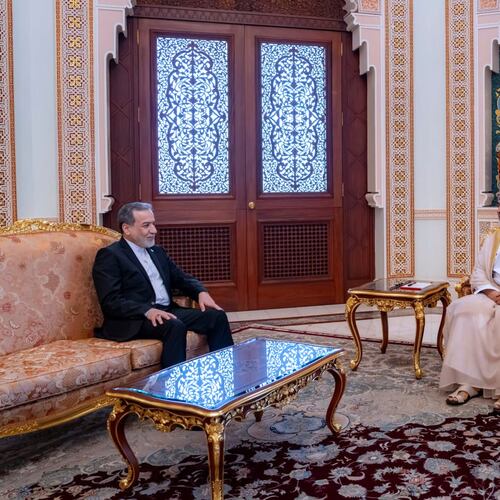 In this photo released by the Iranian Foreign Ministry, Iranian Foreign Minister Abbas Araghchi, left, meets with Oman's Sultan Haitham bin Tariq, in Muscat, Oman, Sunday, April 26, 2026. (Iranian Foreign Ministry via AP)