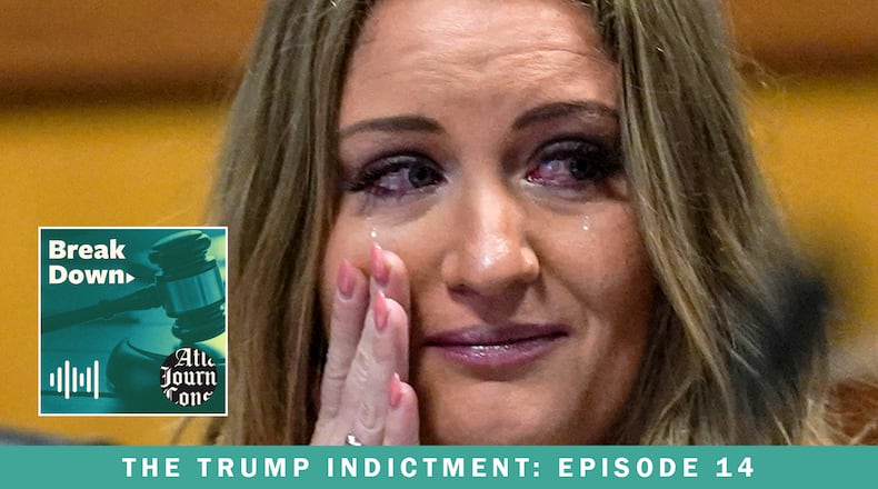 Jenna Ellis got emotional as she pleaded guilty to a felony count of aiding and abetting false statements and writings on Tuesday, as part of a plea deal with Fulton County prosecutors. The latest episode of "Breakdown — The Trump Indictment" looks at how the four plea deals taken so far will shape the Georgia election-interference case. (John Basemore / Pool)