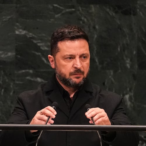Ukraine's President Volodymyr Zelenskyy speaks during the 81st session of the United Nations General Assembly at United Nations headquarters, Wednesday, Sept. 23, 2026. (AP Photo/Heather Khalifa)