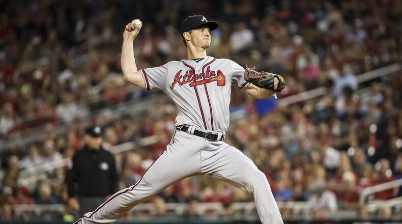 Mike Soroka0 of the Atlanta Braves pitches against the Washington Nationals during the second inning at Nationals Park on September 13, 2019 in Washington, DC. (Photo by Scott Taetsch/Getty Images)