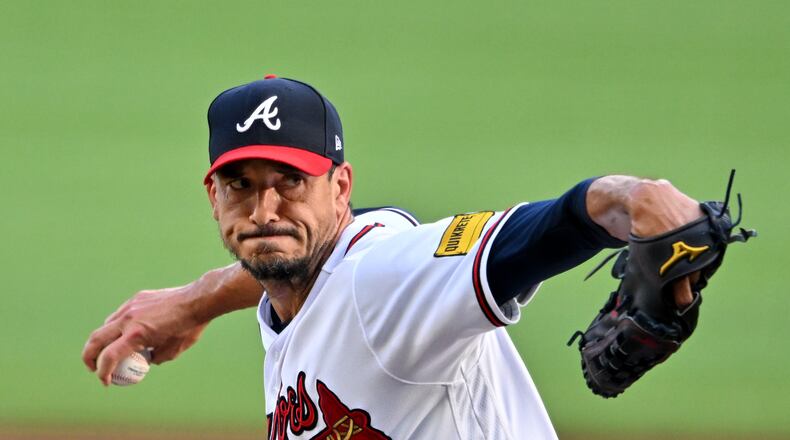 Atlanta Braves' starting pitcher Charlie Morton (50) throws a pitch against the Arizona Diamondbacks during the first inning at Truist Park, Wednesday, July 19, 2023, in Atlanta. (Hyosub Shin / Hyosub.Shin@ajc.com)