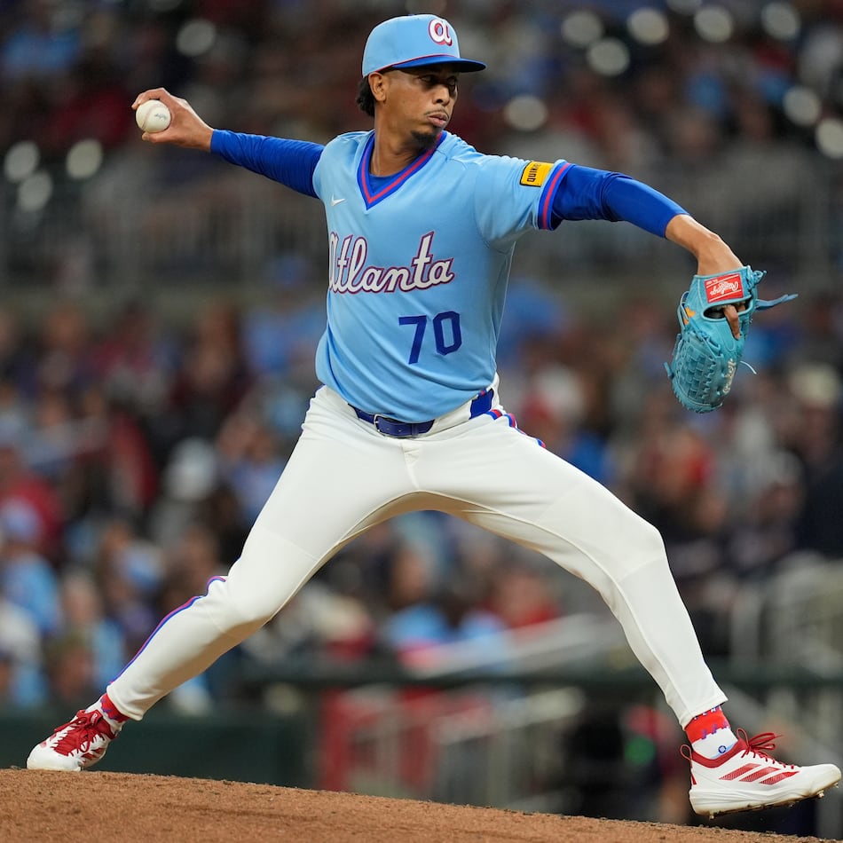 Atlanta Braves pitcher Osvaldo Bido (70) works in the nineth inning of a baseball game against the Cleveland Guardians, Friday, April 10, 2026, in Atlanta. (AP Photo/Mike Stewart)