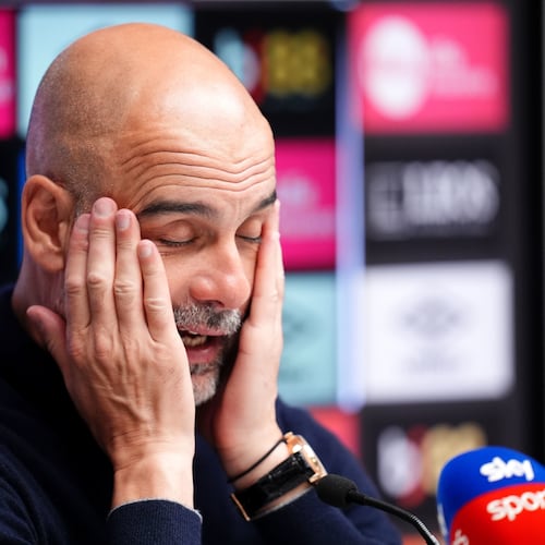 Manchester City manager Pep Guardiola rubs his face as he speaks to the media during a press conference following the English Premier League soccer match between AFC Bournemouth and Manchester City in Bournemouth, England, Tuesday, May 19, 2026. (John Walton/PA via AP)