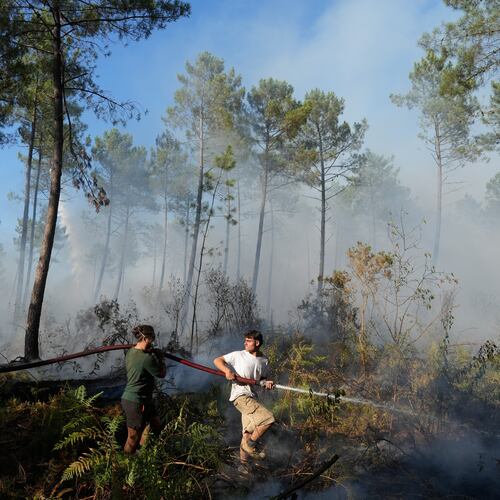 A group hold a firehose and try to suppress a fire near Lacanau, as wildfires rage outside Bordeaux, France, Monday, July 27, 2026. (AP Photo/Baz Ratner)