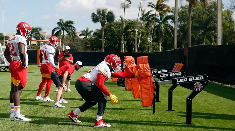Kansas City Chiefs linebacker Demone Harris (52) runs drills during practice, Thursday, Jan. 30, 2020, in Davie, Fla., for the NFL Super Bowl 54 football game. (AP Photo/Brynn Anderson)