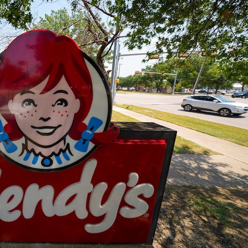 FILE - A sign is seen at a Wendy's restaurant Tuesday, Aug. 5, 2025, in Garland, Texas. (AP Photo/Julio Cortez, File)