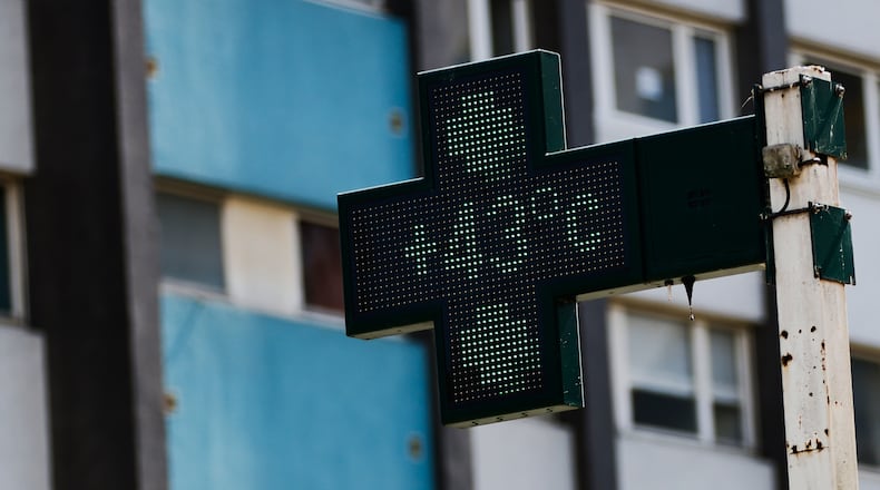 A drugstore sign shows the temperature 43 degrees Celsius (109,4 degrees Fahrenheit) in Rennes, western France, Monday, June 22, 2026. (AP Photo/Jeremias Gonzalez)