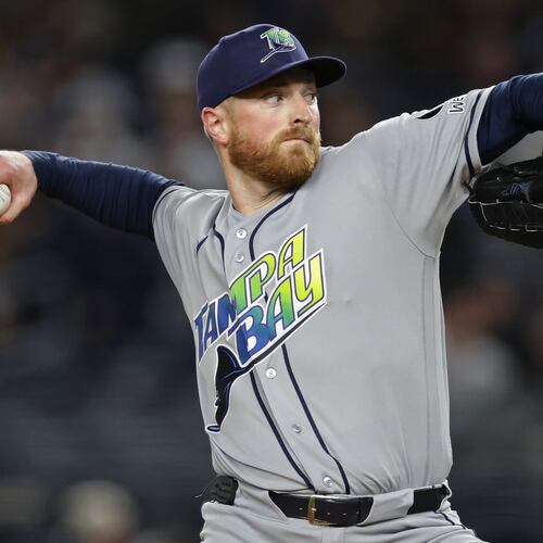 Tampa Bay Rays pitcher Drew Rasmussen throws in the first inning during the second baseball game of a doubleheader against the New York Yankees, Tuesday, Sept. 22, 2026, in New York. (AP Photo/Adam Hunger)