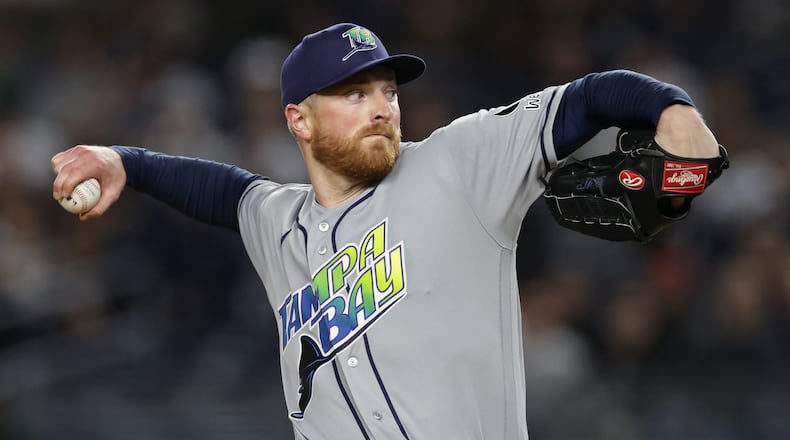 Tampa Bay Rays pitcher Drew Rasmussen throws in the first inning during the second baseball game of a doubleheader against the New York Yankees, Tuesday, Sept. 22, 2026, in New York. (AP Photo/Adam Hunger)