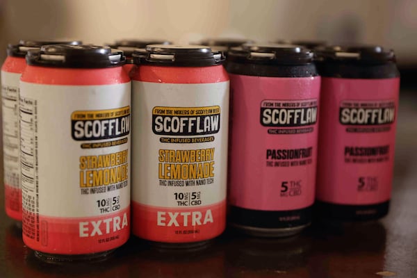 Some of the THC-infused drinks offered at Scofflaw's breweries. (Natrice Miller/AJC)