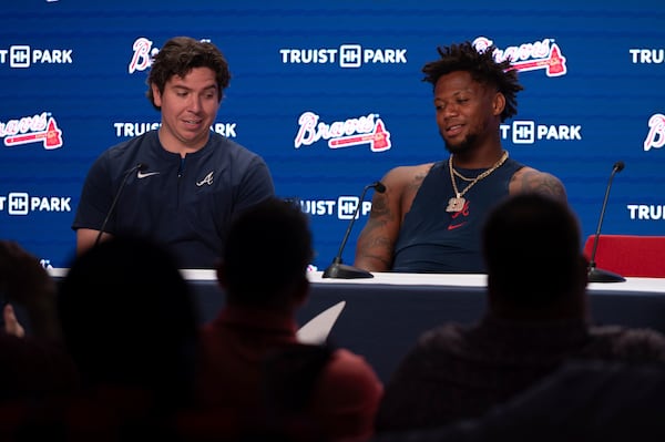 Atlanta Braves Ronald Acuña Jr. and Director of Baseball Player Relations Franco García speak with the media before a baseball game against the Washington Nationals, Wednesday, May 14, 2025 in Atlanta. (AP Photo/Kathryn Skeean)