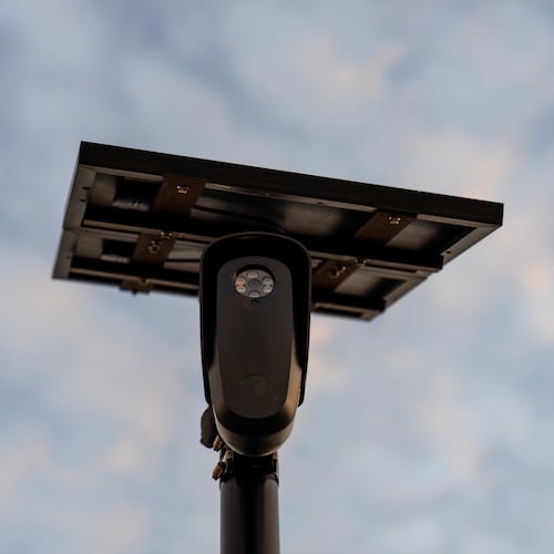 FILE - A Flock Safety license plate reader is seen along a public road, Thursday, Oct. 16, 2025, in Houston. (AP Photo/David Goldman, File)