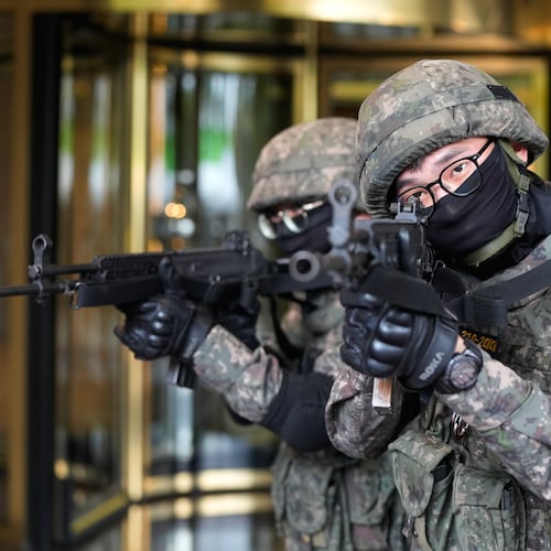 South Korea army soldiers take part in an anti-terror drill as a part of the Ulchi Freedom Shield military exercise between the U.S. and South Korea in Seoul, South Korea, Wednesday, Aug. 19, 2026. (AP Photo/Ahn Young-joon)