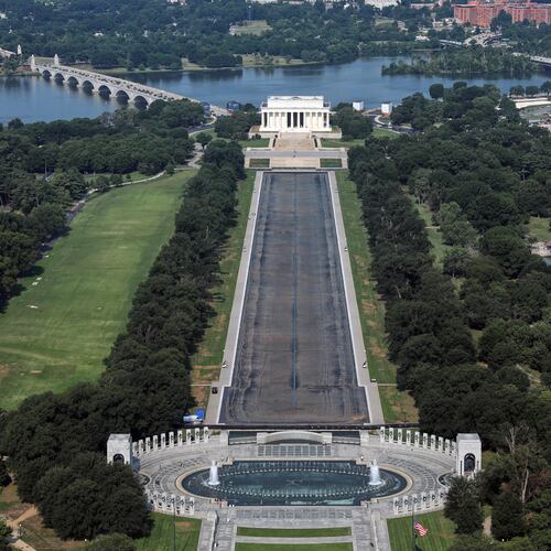 The Lincoln Memorial and the Reflecting Pool are seen from the Washington Monument, Wednesday, July 15, 2026, in Washington. (AP Photo/Rahmat Gul)