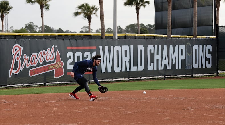 Dansby Swanson is shown during 2022 spring training at the Braves' spring training facility in North Port, Fla. The organization reports that the facility did not suffer significant damage in the wake of Hurricane Ian. (Curtis Compton/ccompton@ajc.com)