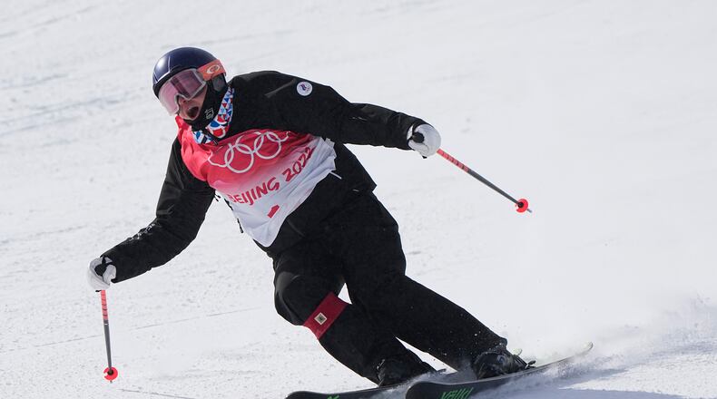 FILE - Anastasia Tatalina, of the Russian Olympic Committee, reacts during the women's slopestyle finals at the 2022 Winter Olympics, Tuesday, Feb. 15, 2022, in Zhangjiakou, China. (AP Photo/Gregory Bull, File)