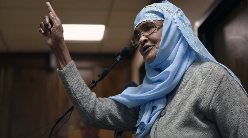 January 31, 2017, Clarkston - Amina Osman, with the International Community Outreach & Information Services, speaks at the podium during a special session of the Clarkston City Council in Clarkston, Georgia, on Tuesday, January 31, 2017. The session is taking place to discuss president Donald Trump’s recent executive orders and how the city of Clarkston plans to respond. (DAVID BARNES / DAVID.BARNES@AJC.COM)