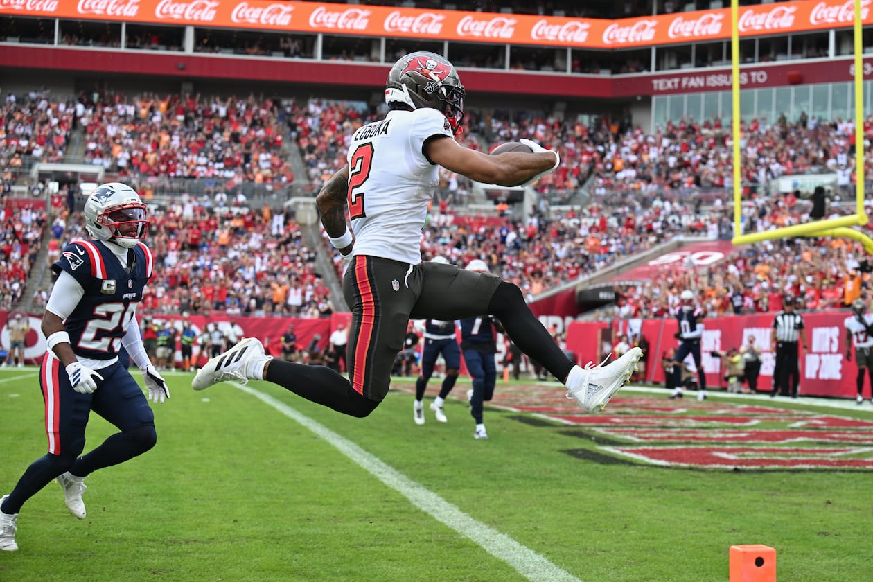 Tampa Bay Buccaneers wide receiver Emeka Egbuka scores a touchdown against the New England Patriots during the first half of an NFL football game Sunday, Nov. 9, 2025, in Tampa, Fla. (Jason Behnken/AP)