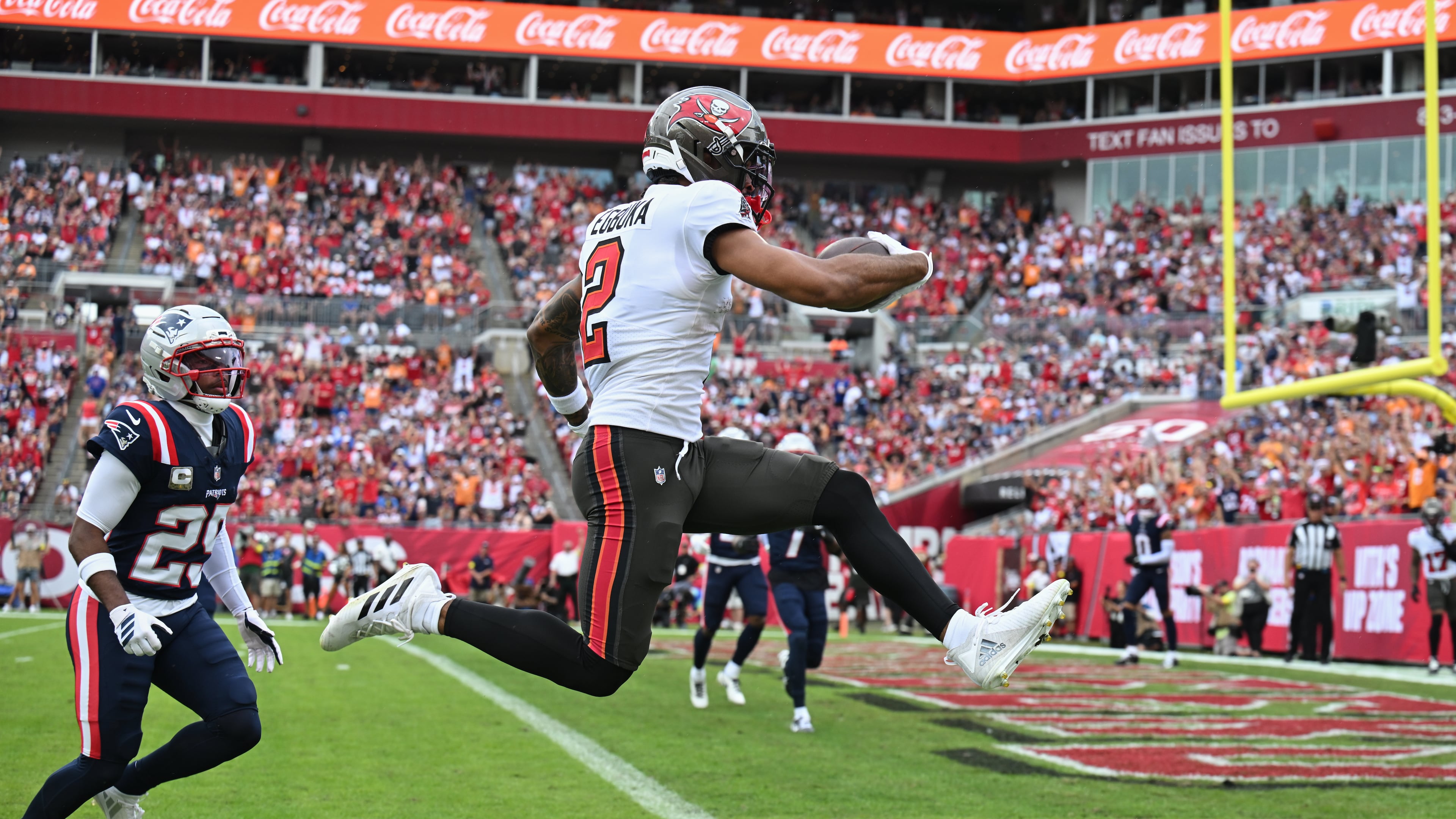 Tampa Bay Buccaneers wide receiver Emeka Egbuka scores a touchdown against the New England Patriots during the first half of an NFL football game Sunday, Nov. 9, 2025, in Tampa, Fla. (Jason Behnken/AP)