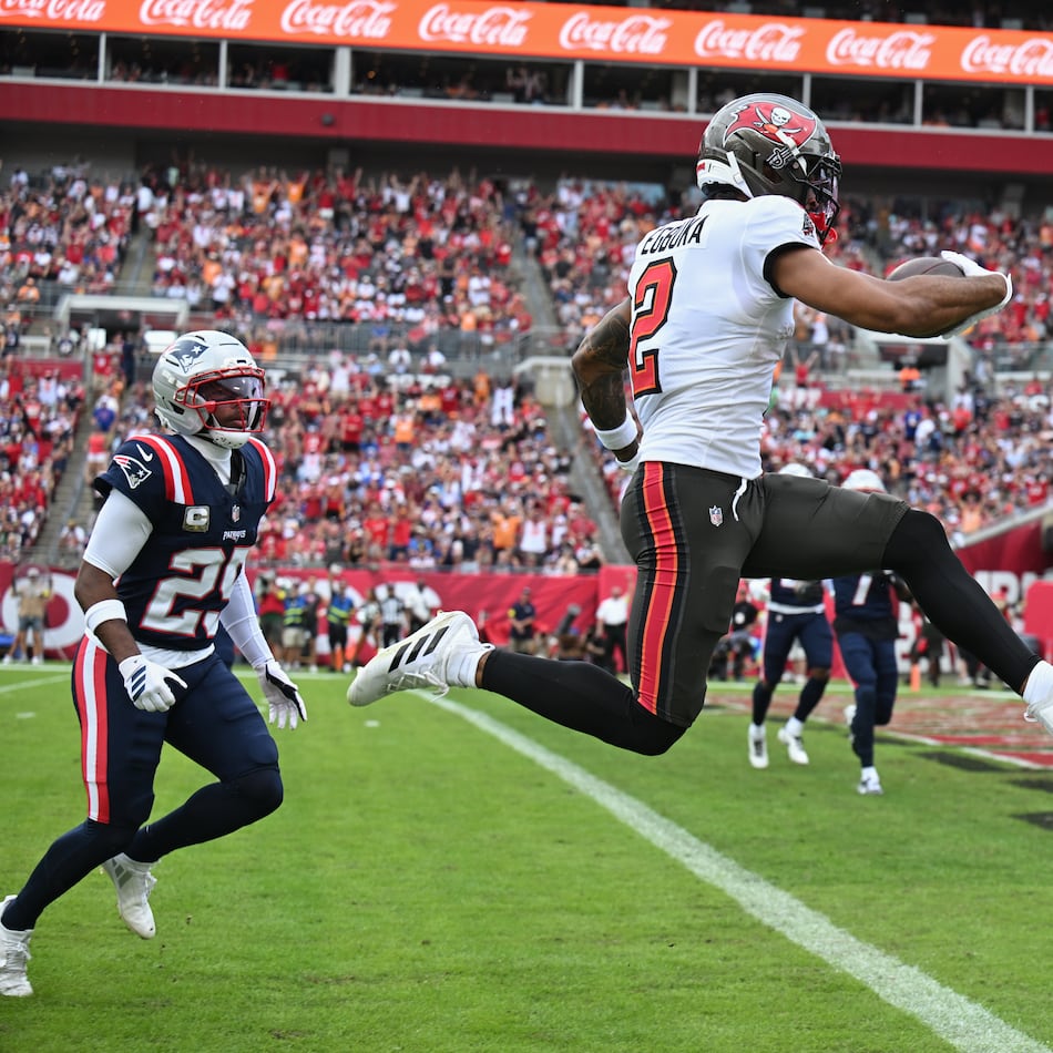 Tampa Bay Buccaneers wide receiver Emeka Egbuka scores a touchdown against the New England Patriots during the first half of an NFL football game Sunday, Nov. 9, 2025, in Tampa, Fla. (Jason Behnken/AP)