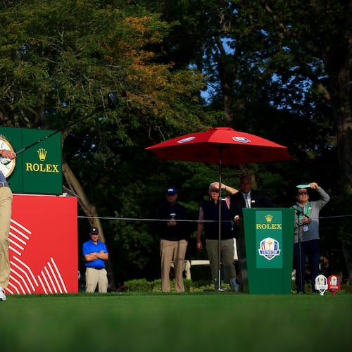 Hamilton Coleman of Team United States hits his tee shot on the first hole during the first round of the 2025 Junior Ryder Cup at Nassau Country Club on Tuesday, September 23, 2025 in Glen Cove, New York. (Michael Ehrmann/Courtesy of PGA of America)