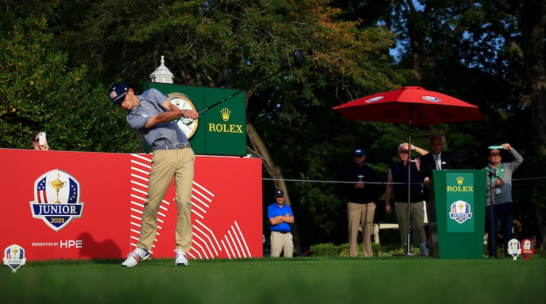 Hamilton Coleman of Team United States hits his tee shot on the first hole during the first round of the 2025 Junior Ryder Cup at Nassau Country Club on Tuesday, September 23, 2025 in Glen Cove, New York. (Michael Ehrmann/Courtesy of PGA of America)