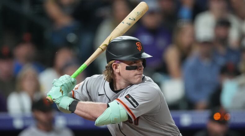 FILE - San Francisco Giants center fielder Harrison Bader (9) bats during the eighth inning of a baseball game May 29, 2026, in Denver. (AP Photo/David Zalubowski, File)