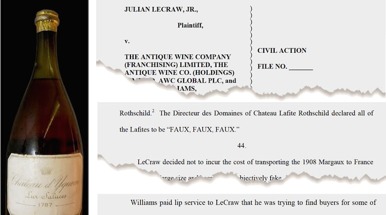 Portions of the lawsuit filed by Atlantan Julian LeCraw Jr. Bottle of 1787 Chateau d'Yquem courtesy of Wine-searcher.com.