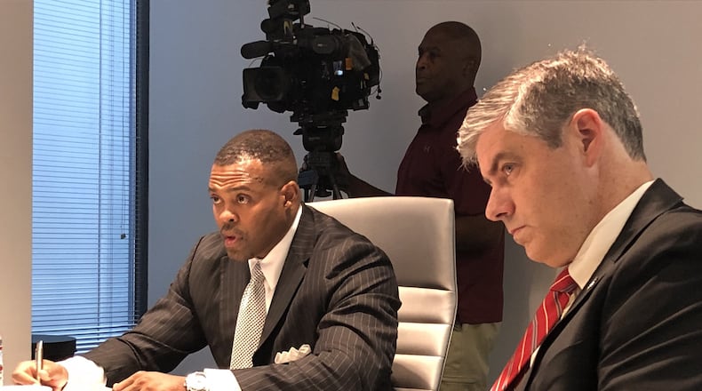 Atlanta Fulton County Recreation Authority Chairman William K. Whitner, left, and board member Bob Ellis, listen during a Monday, Aug. 20, 2018, hearing of the authority. J. SCOTT TRUBEY/STRUBEY@AJC.COM.