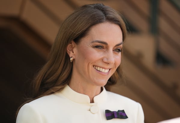 Britain's Kate, Princess of Wales arrives to attend the women's singles final between Poland's Iga Swiątek and Amanda Anisimova of the US at the Wimbledon Tennis Championships in London, Saturday, July 12, 2025. (Jordan Pettitt/Pool via AP)