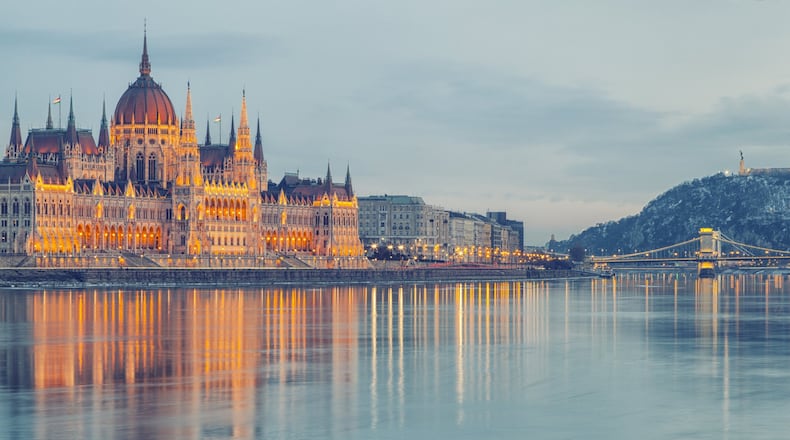 The view of the Budapest Parliament Building from the Danube River.