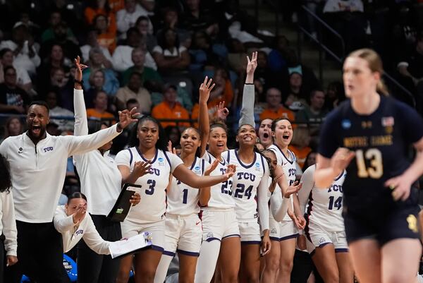 The TCU bench reacts during the second half against Notre Dame in the Sweet 16 of the NCAA college basketball tournament, Saturday, March 29, 2025. in Birmingham, Ala. (AP Photo/Gerald Herbert)