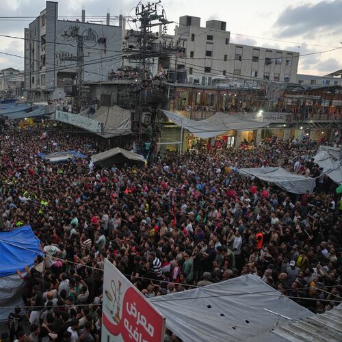Palestinians watch a live broadcast of the World Cup round of 16 soccer match between Argentina and Egypt in Nuseirat, central Gaza Strip, Tuesday, July 7, 2026. (AP Photo/Abdel Kareem Hana)