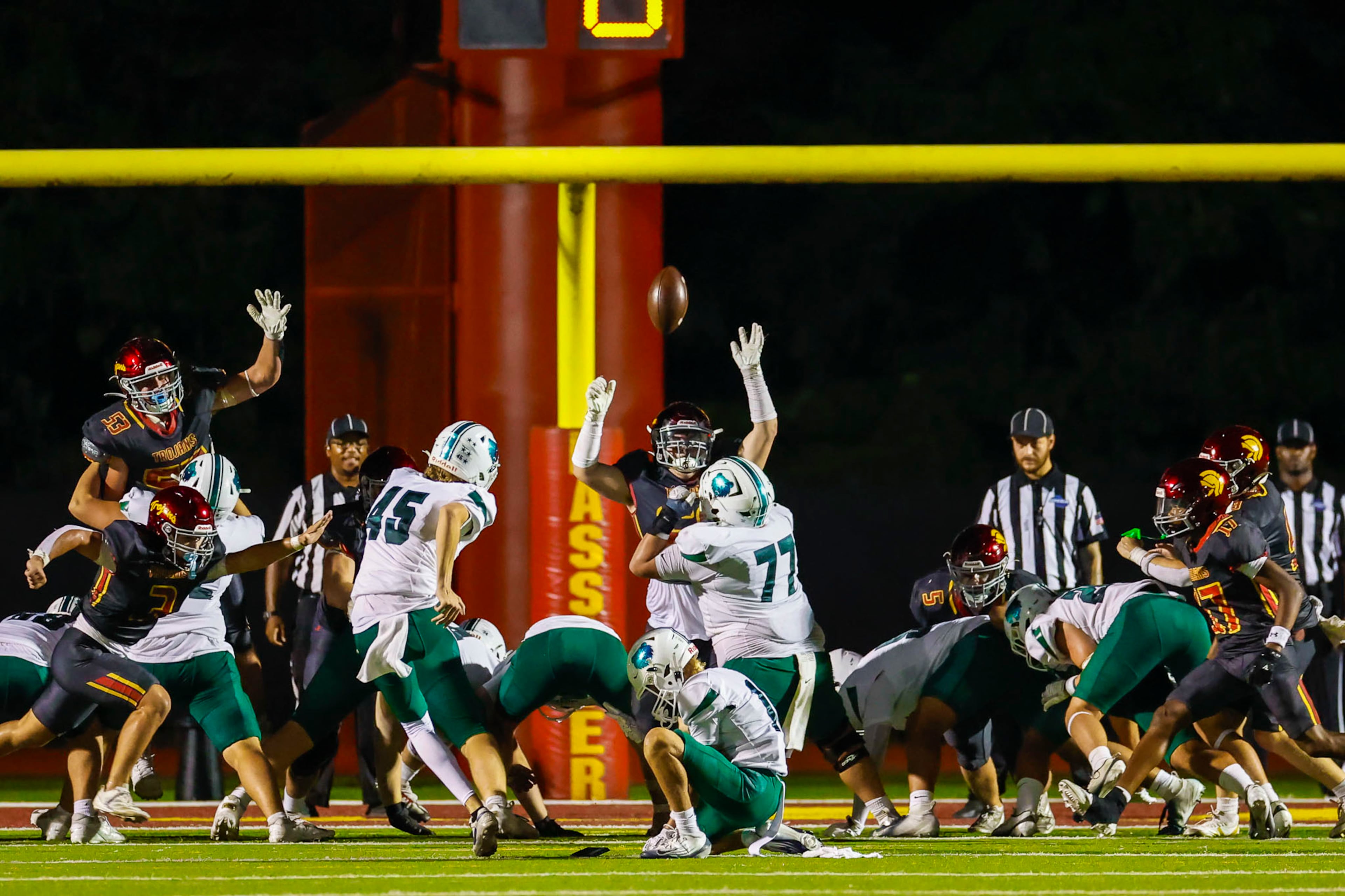 Creekview kicker Colt Davis (#45) punts the ball during the second half against Lassiter High School in Marietta, GA on Friday, Sept. 5, 2025. (Oscar Guevara Saenz/For the Atlanta Journal Constitution)