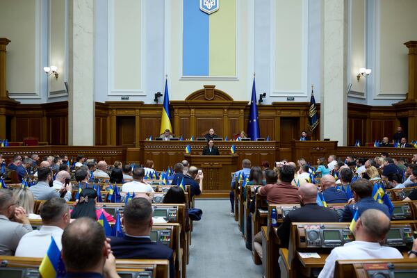 Ukraine's newly elected Prime Minister Yuliia Svyrydenko speaks at the parliament session hall in Kyiv, Ukraine Thursday, July 17, 2025.(AP Photo/Vadym Sarakhan)