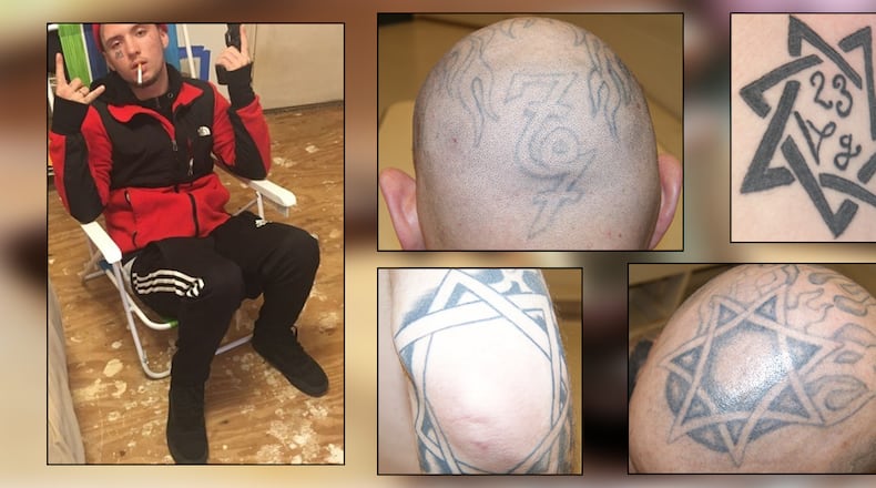 Justin Cayne Ramsey (left) and four other co-defendants pleaded guilty to various charges related to a home invasion that resulted in 14-year-old Haley Adams' fatal shooting. The composite image shows several of the defendants' tattoos that allegedly reference the Ghostface Gangsters street gang.