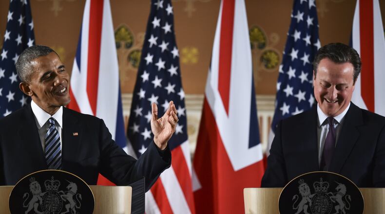 US President Barack Obama (L) and British Prime Minister David Cameron during a press conference at the Foreign and Commonwealth Office on April 22, 2016 in London, England. The President and his wife are currently on a brief visit to the UK where they attended lunch with HM Queen Elizabeth II at Windsor Castle and later will have dinner with Prince William and his wife Catherine, Duchess of Cambridge at Kensington Palace. Mr Obama visited 10 Downing Street on this Friday afternoon and held a joint press conference with British Prime Minister David Cameron where he stated his case for the UK to remain inside the European Union. (Photo by Ben Stanstall - WPA Pool/Getty Images)