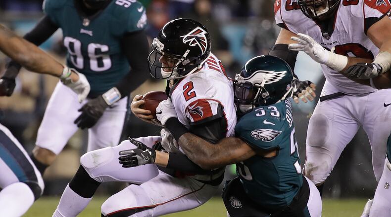 Nigel Bradham takes down Matt Ryan during their divisional playoff meeting - at least Bradham wasn't there for the rematch Thursday night. (AP Photo, Matt Rourke, File)
