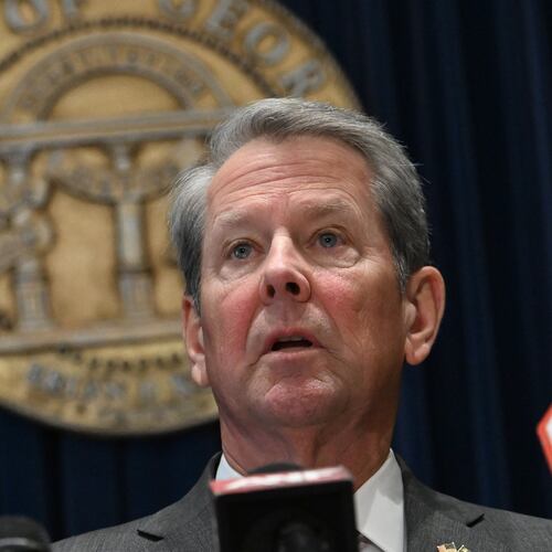 Gov. Brian Kemp speaks before signing the state’s new budget at the Georgia Capitol on Tuesday, May 12, 2026, in Atlanta. Kemp signed the budget, but not without trimming about $300 million of spending approved by the General Assembly just last month. (Hyosub Shin/AJC)