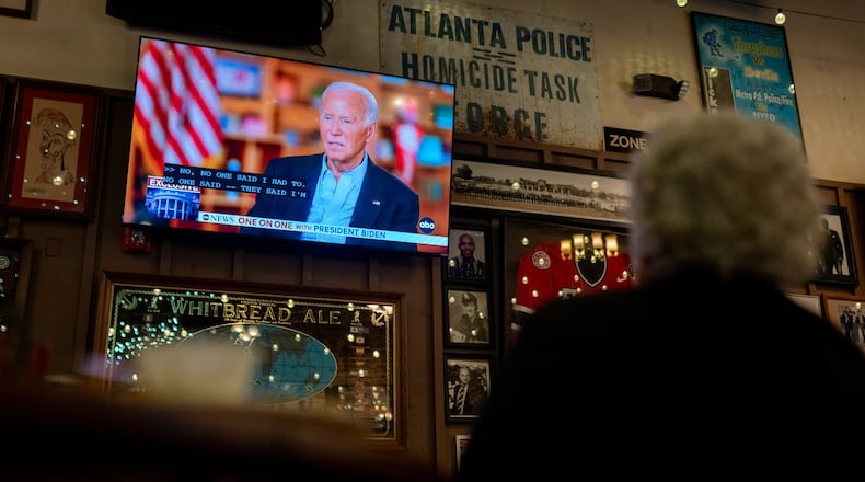 Atlanta resident Doris Betz at Manuel's Tavern watch party for President Joe Biden's July 5 ABC News interview. (Ben Hendren for the Atlanta Journal-Constitution)