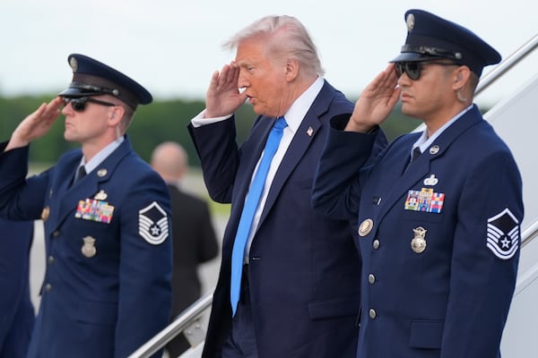 President Donald Trump arrives at Tuscaloosa National Airport, Thursday, May 1, 2025, in Tuscaloosa, Ala. (AP Photo/Manuel Balce Ceneta)