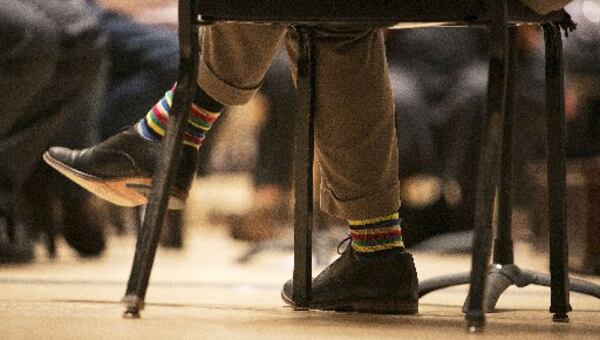 On the chilly first day of rehearsals on Tuesday, composer Richard Prior warmed up Symphony Hall with his colorful socks, a suggestion of his sunny personality. PHIL SKINNER / SPECIAL