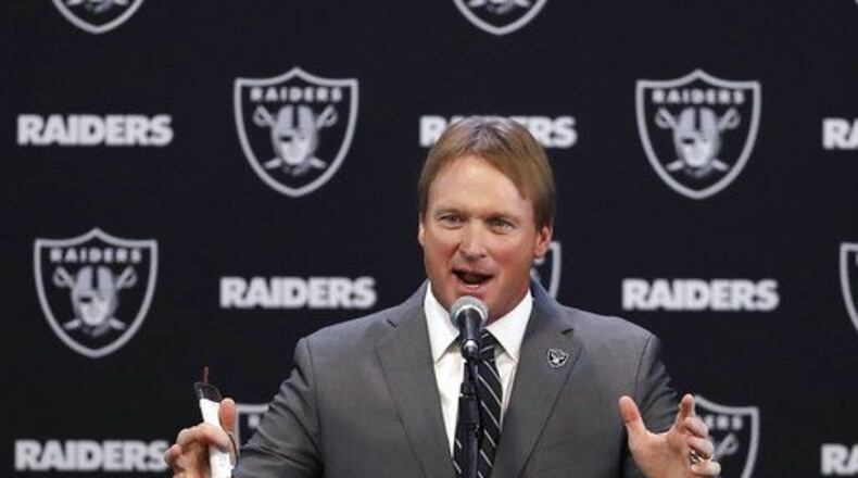 Oakland Raiders new head coach Jon Gruden answers questions during an NFL football press conference Tuesday, Jan. 9, 2018, in Alameda, Calif. (AP Photo/Marcio Jose Sanchez)
