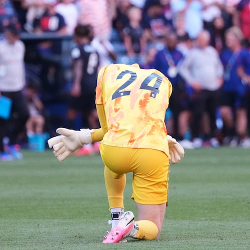 United States goalkeeper Matt Freese (24) reacts after the World Cup round of 16 soccer match between the United States and Belgium in Seattle, Monday, July 6, 2026. (AP Photo/Ted S. Warren)