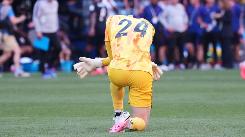 United States goalkeeper Matt Freese (24) reacts after the World Cup round of 16 soccer match between the United States and Belgium in Seattle, Monday, July 6, 2026. (AP Photo/Ted S. Warren)