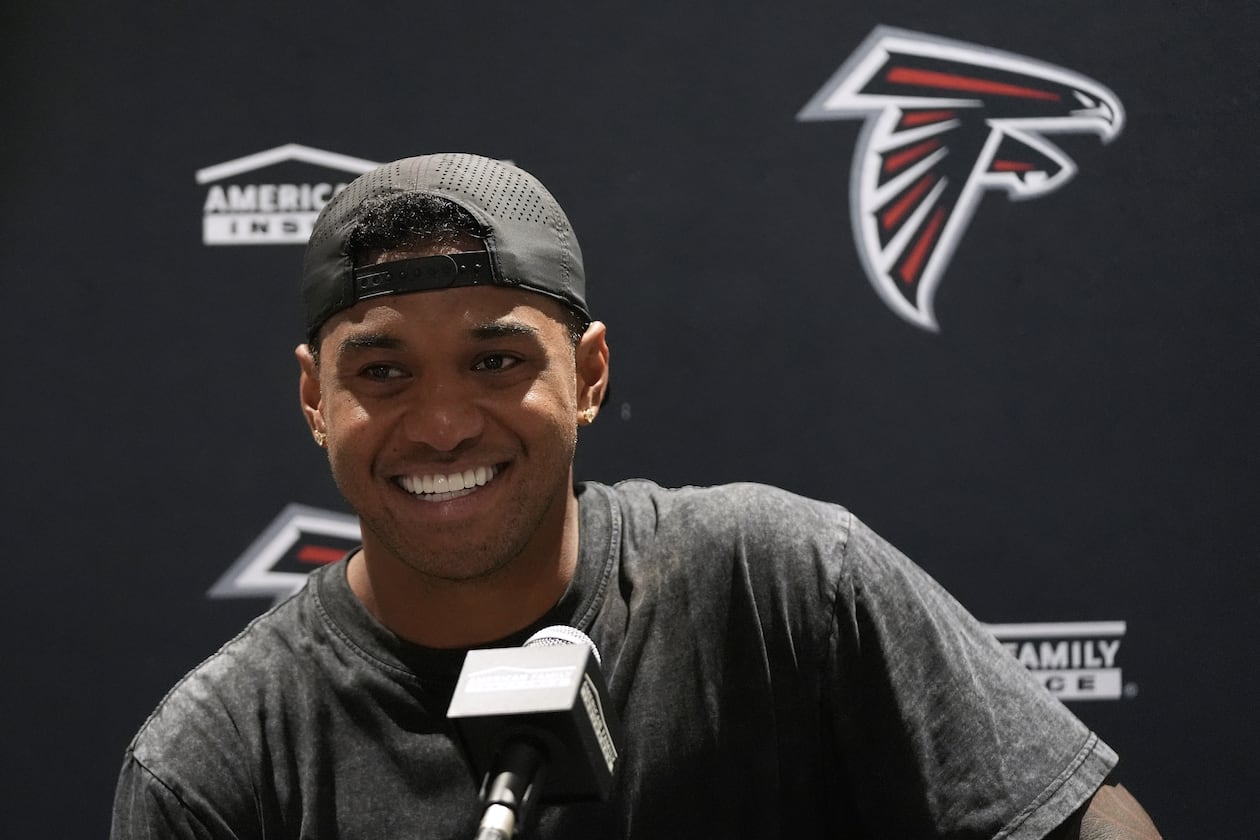 Falcons quarterback Tua Tagovailoa — pictured speaking speaks at a news conference after Atlanta's game against the Dolphins Friday, Aug. 28, 2026 — said in March that he doesn't write his own social media posts. (Lynne Sladky/AP)