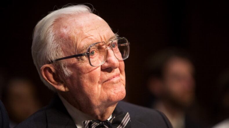 WASHINGTON, DC - APRIL 30: Former Supreme Court Justice John Paul Stevens testifies before the Senate Committee on Campaign Finance on Capitol Hill April 30, 2014 in Washington, DC. Stevens is testifying on a hearing entitled "Dollars and Sense: How Undisclosed Money and Post-McCutcheon Campaign Finance Will Affect 2014 and Beyond". (Photo by Allison Shelley/Getty Images)
