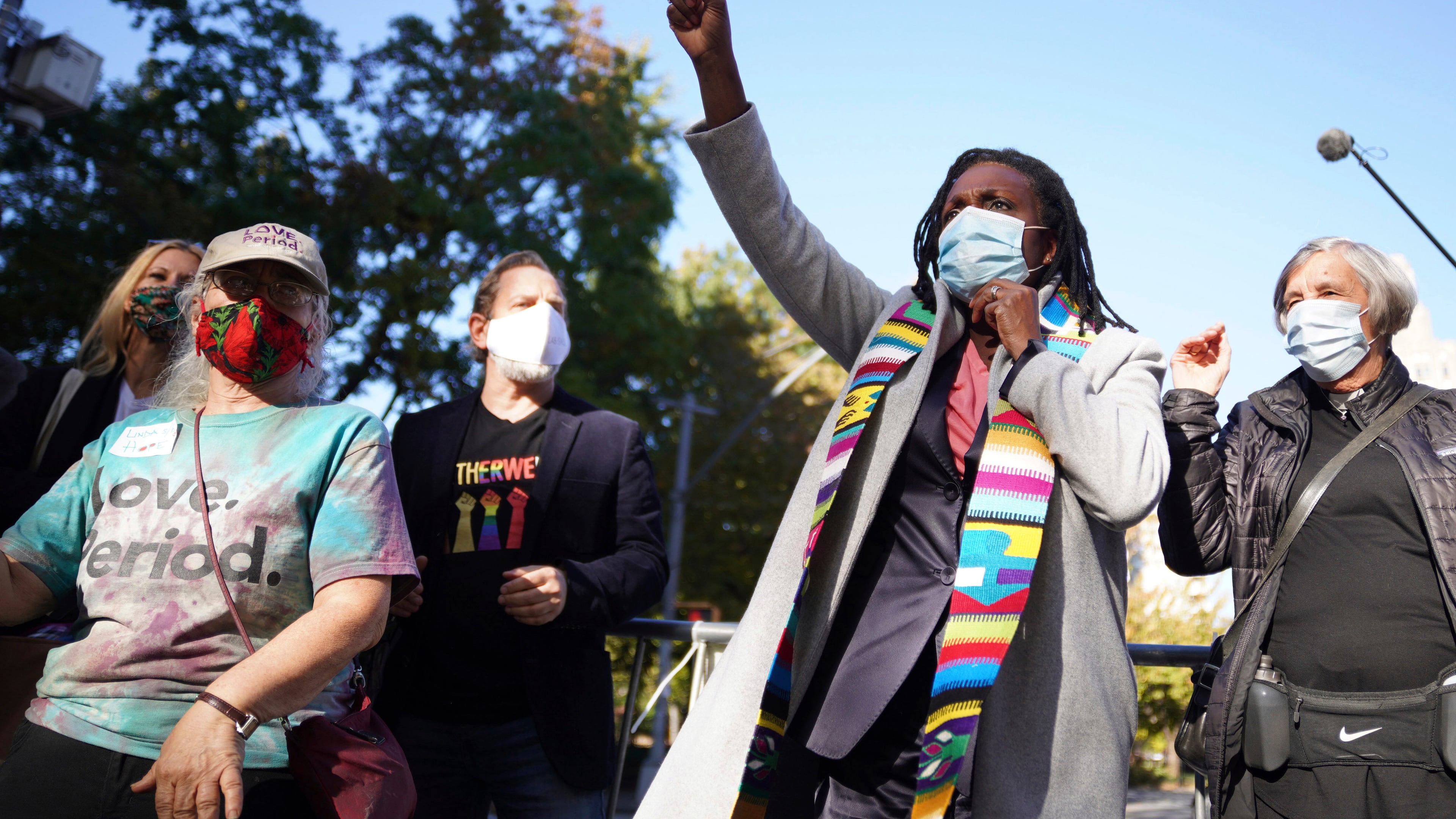 FILE - The Rev. Jacqui Lewis, senior pastor at Middle Collegiate Church, speaks during an interfaith gathering outside of the Judson Memorial Church near Washington Square Park in New York, Nov. 4, 2020. (AP Photo/Emily Leshner, File)