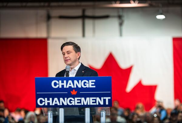 Conservative Leader Pierre Poilievre speaks at a rally in Oakville, Ontario, Sunday, April 27, 2025. (Laura Proctor/The Canadian Press via AP)